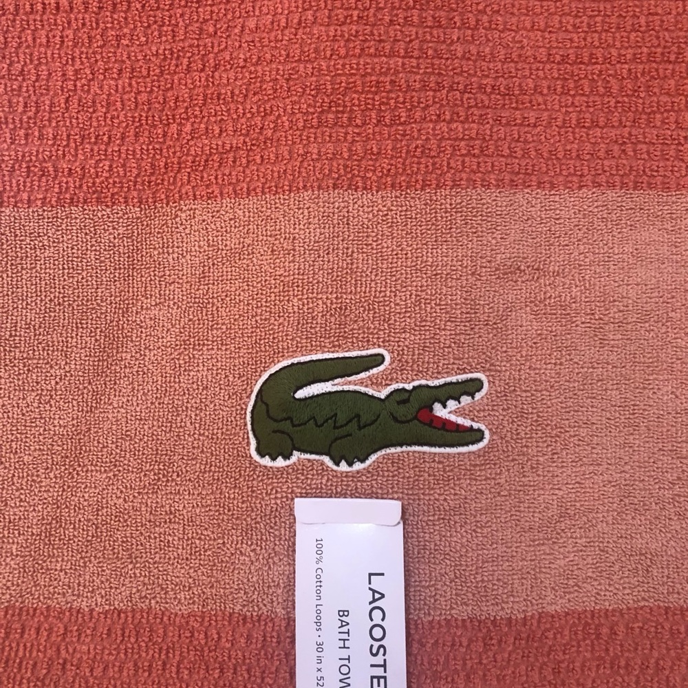 Lacoste bath towel big crocodile logo 100% cotton coral NWT 30”x 52”
